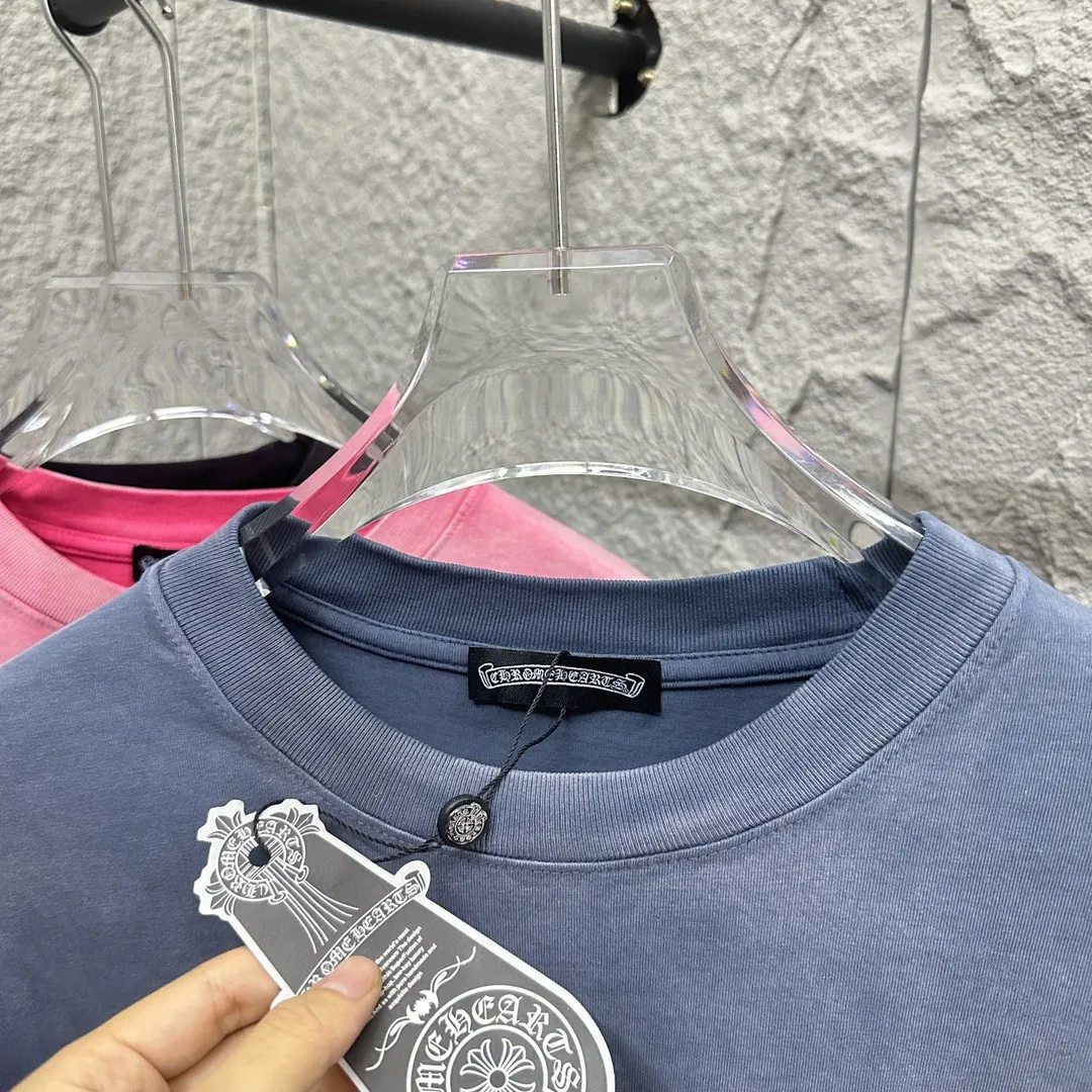 🅿️200 CH Croix Heart 2025 Summer New Style Heavy Acid Washing Gradient Distressing Chest Logo Classic Embroidery Customized Fabric Short Sleeve T-shirt Unisex Size: S M L XL XXL Five Codes (European Code) Color: Gradient Black Gradient Pink Gradient Blue